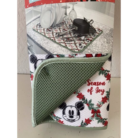 2 Pk Disney Mickey Minnie Dish Drying Mats 16" x 18" Christmas Wreath Holiday - Picture 5 of 16